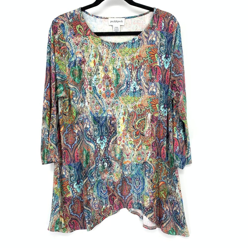 Peck & Peck Womens XL Multicolor Paisley Asymmetric Hem Tunic Top 3/4 Sleeve